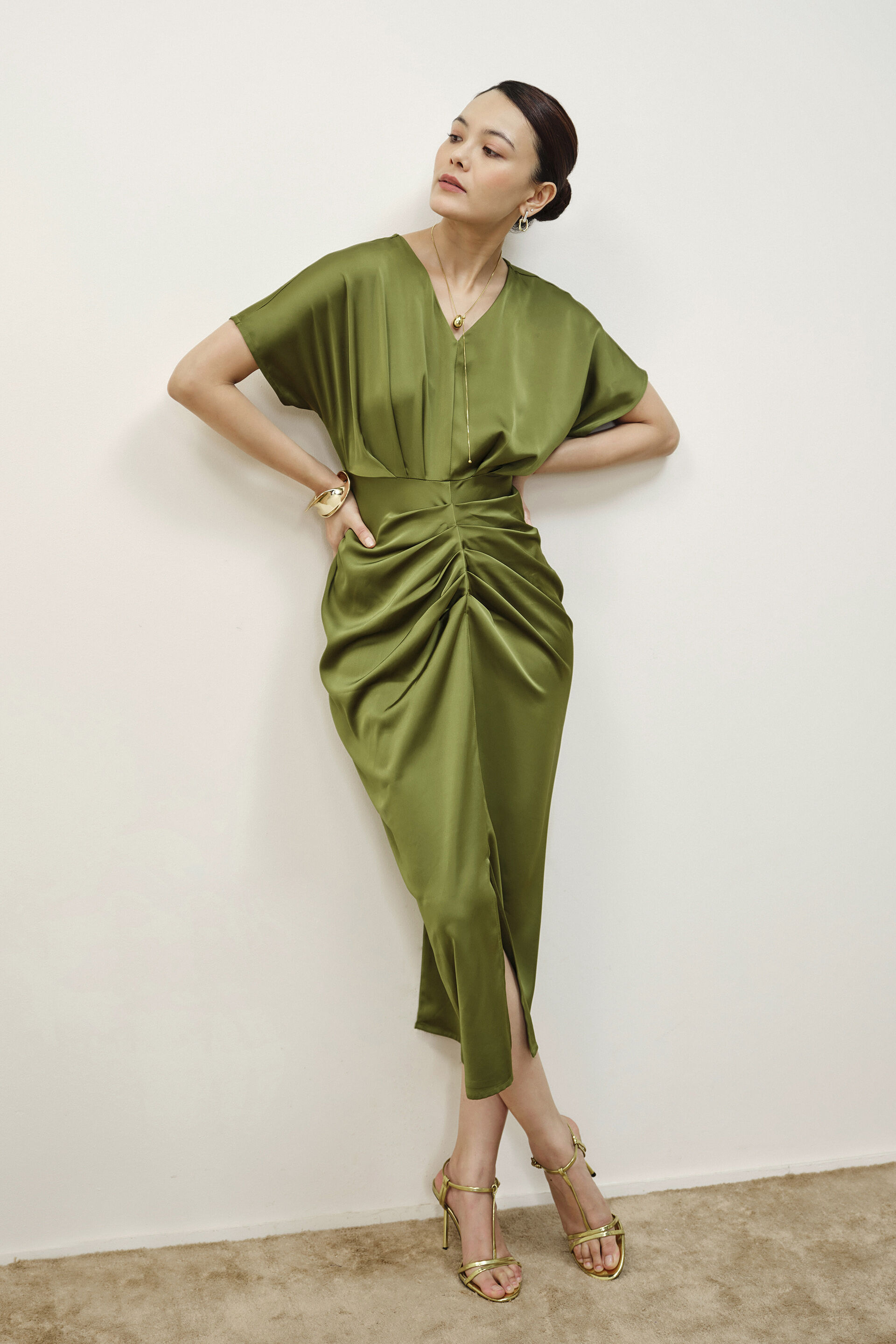 Sibyl Draped Olive Dress, Green, image 3